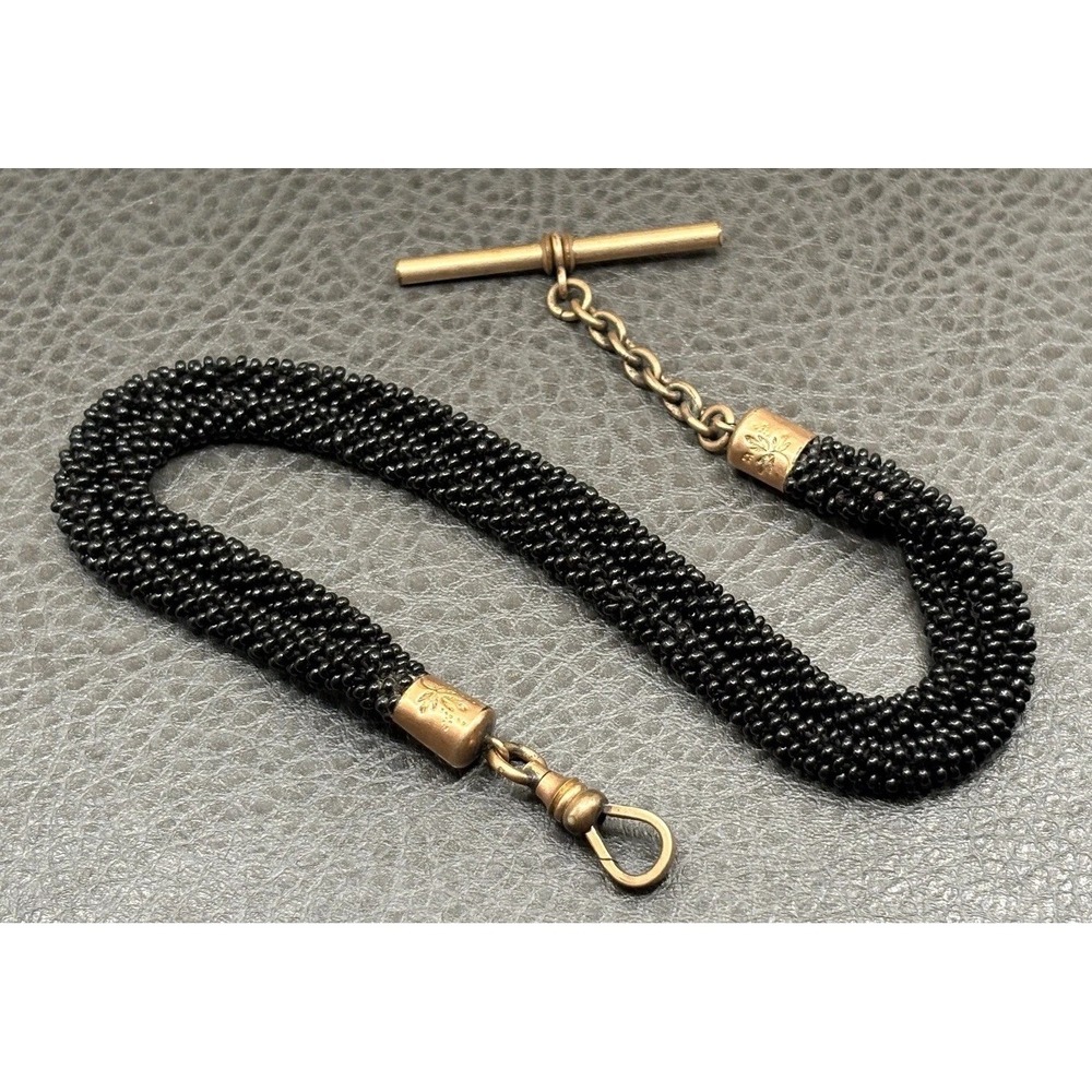 VTG Victorian Mourning Black Seed Bead Watch Chain Fob Etched Gold Filled T-Bar